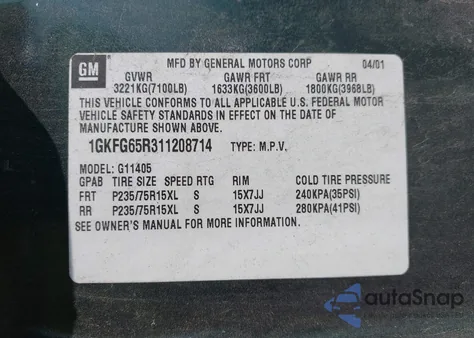 2001 GMC Savana G1500 Luxury z USA, uszkodzony, nr VIN 1GKFG65R311208714